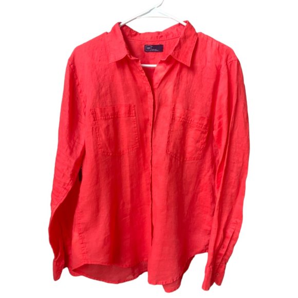 GAP Tops - Gap 100% Linen Button Down Shirt Barbie Hot Pink